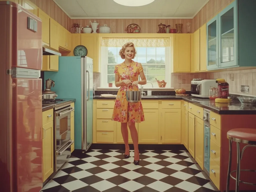 1950s housewife using electric kitchen appliances in bright pastel-colored modern kitchen .
