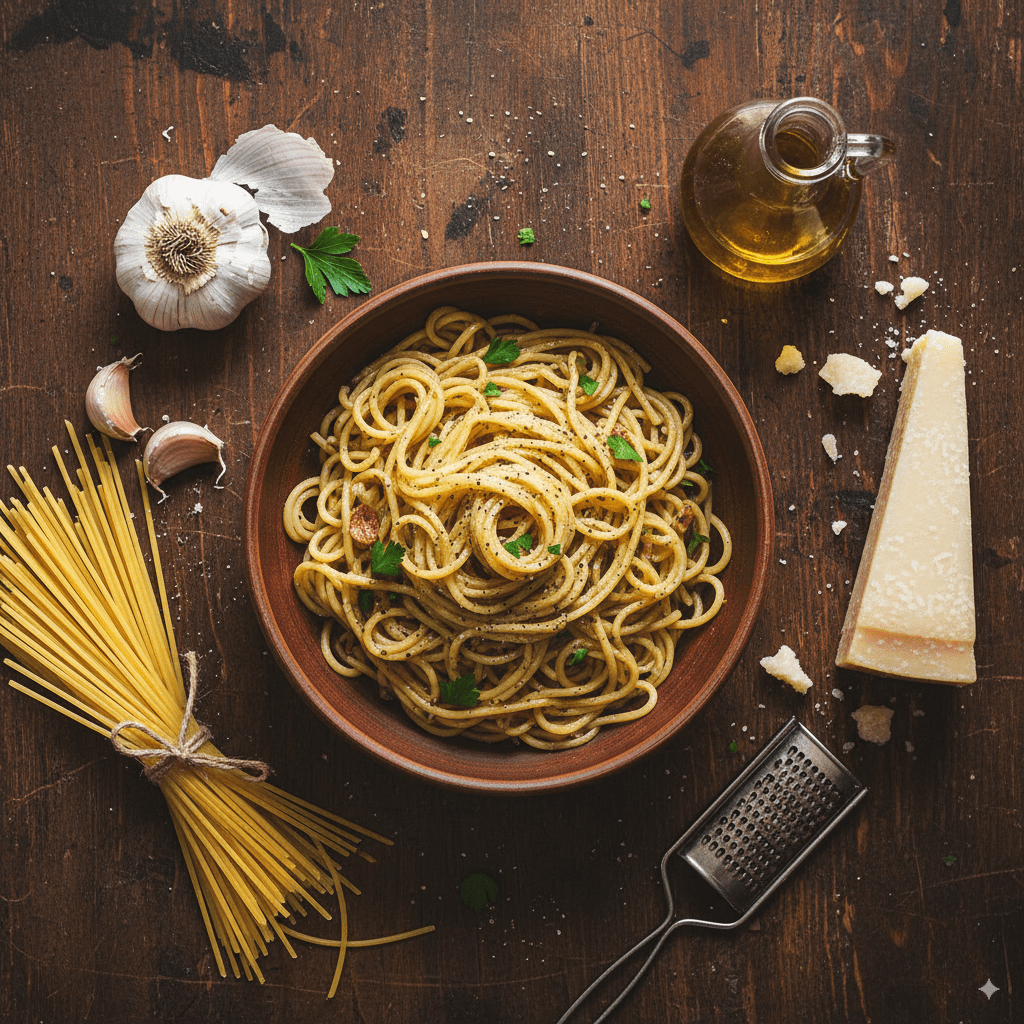 A beautiful bowl of garlic Parmesan spaghetti surrounded by its simple pantry ingredients raw pasta, garlic, olive oil, and cheese.