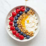 A-beautiful-ceramic-bowl-of-creamy-cottage-cheese-artfully-topped-with-fresh-raspberries-blueberries-and-walnuts-from-an-overhead-view.