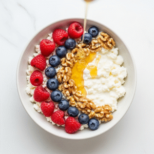 A-beautiful-ceramic-bowl-of-creamy-cottage-cheese-artfully-topped-with-fresh-raspberries-blueberries-and-walnuts-from-an-overhead-view.
