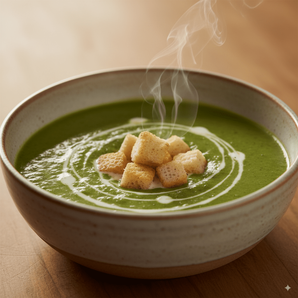 A beautiful ceramic bowl of creamy green broccoli soup, garnished with a swirl of cream and croutons.
