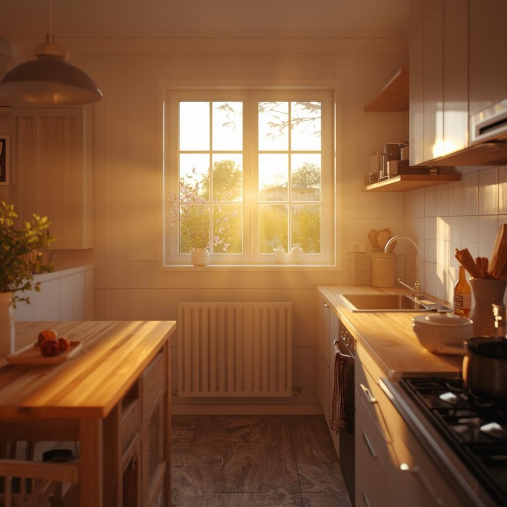 A beautiful, clean, and organized home kitchen in the evening sun, representing a calm and safe cooking environment.