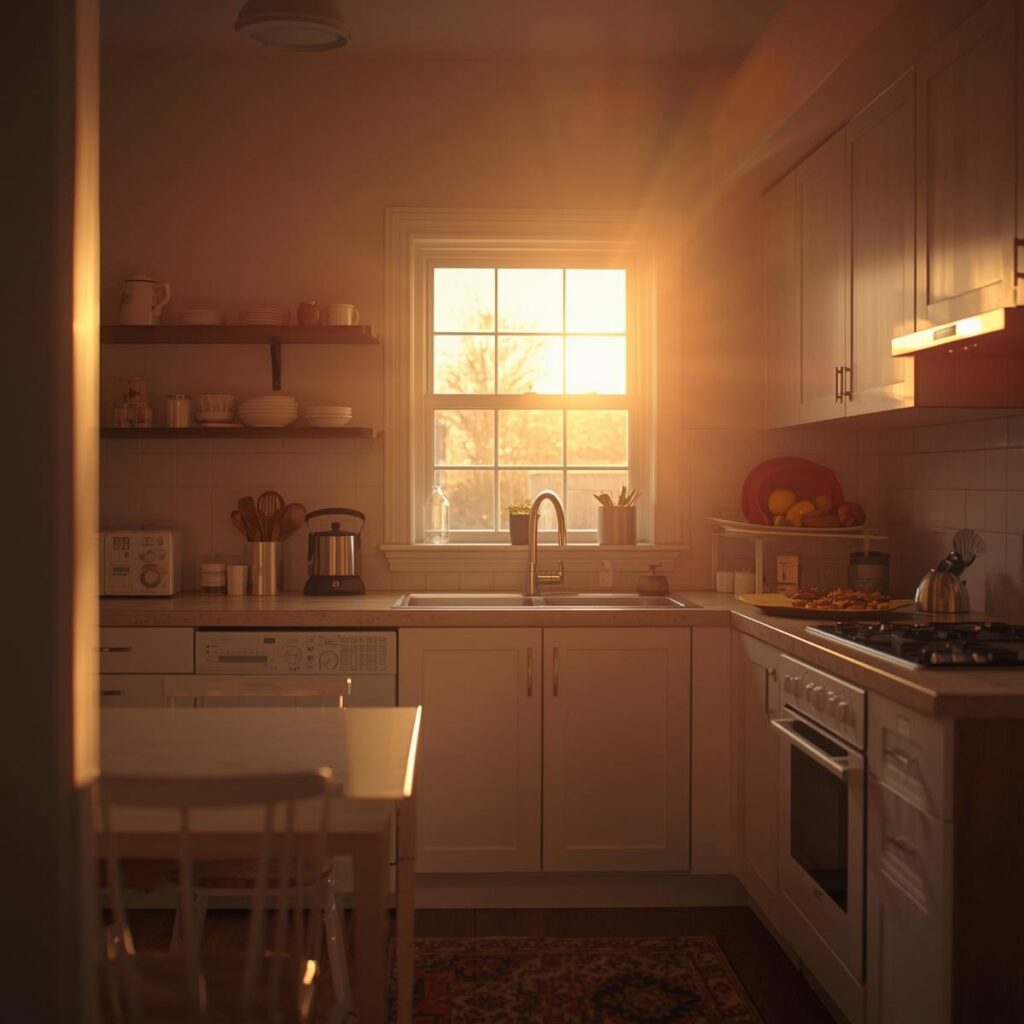 A beautiful, clean, and organized home kitchen in the evening sun, representing a calm and safe cooking environment.