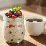 A-beautiful-glass-jar-of-creamy-overnight-oats-topped-with-fresh-berries-and-chia-seeds-on-a-sunlit-breakfast-table.