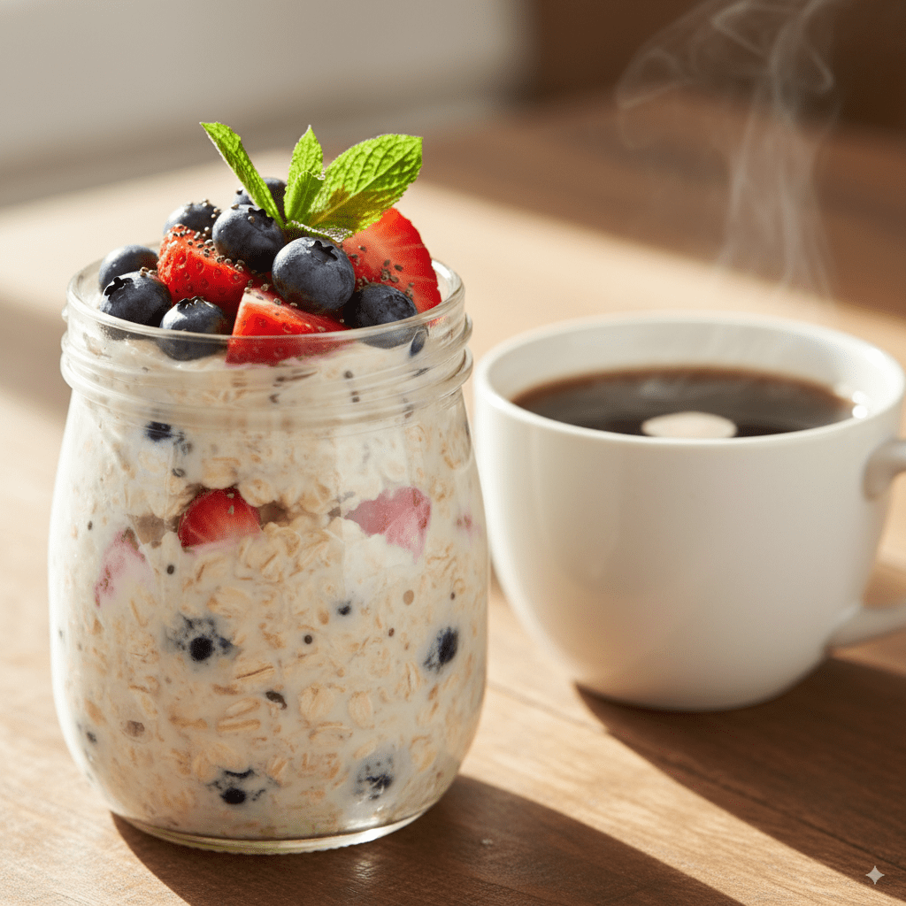 A beautiful glass jar of creamy overnight oats, topped with fresh berries and chia seeds on a sunlit breakfast table.
