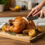 A-beautiful-golden-brown-foolproof-roast-chicken-resting-on-a-wooden-cutting-board-ready-to-be-carve.
