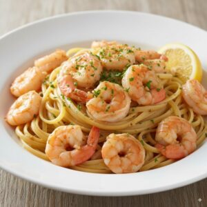 A-beautiful-white-bowl-filled-with-delicious-shrimp-scampi-garnished-with-fresh-parsley-and-a-lemon