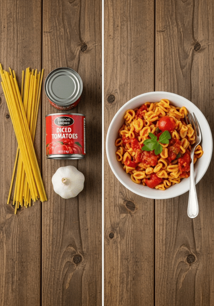 A before-and-after shot showing simple pantry ingredients like pasta and canned tomatoes on one side, and a finished bowl of tomato pasta on the other.