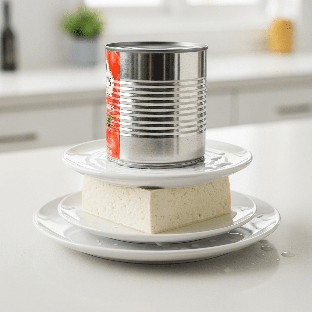 A block of firm tofu being pressed between two plates, a key step for removing water and improving its texture.
