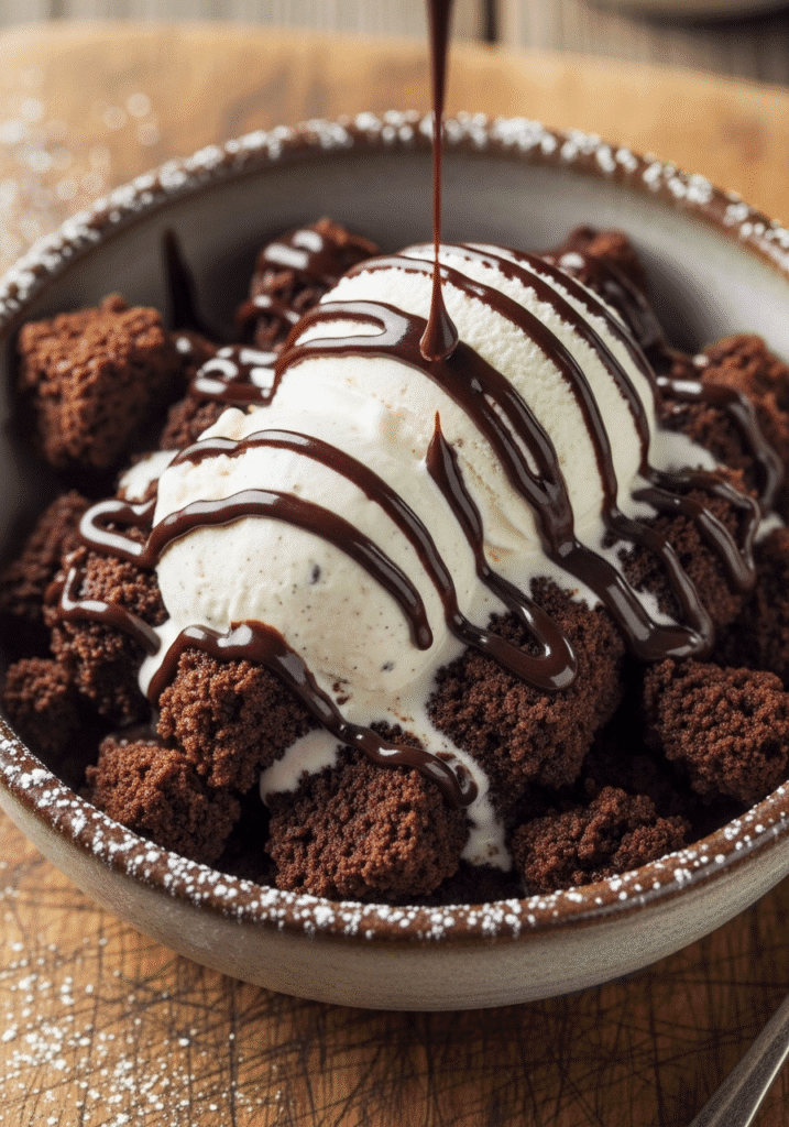 A cakey brownie rescued by being served in a bowl with a scoop of melting vanilla ice cream and chocolate sauce.