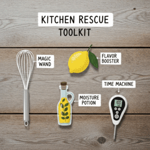 A-charming-illustration-of-a-Kitchen-Rescue-Toolkit-including-a-whisk-a-lemon-olive-oil-and-a-meat-thermometer-to-solve-cooking-disasters.