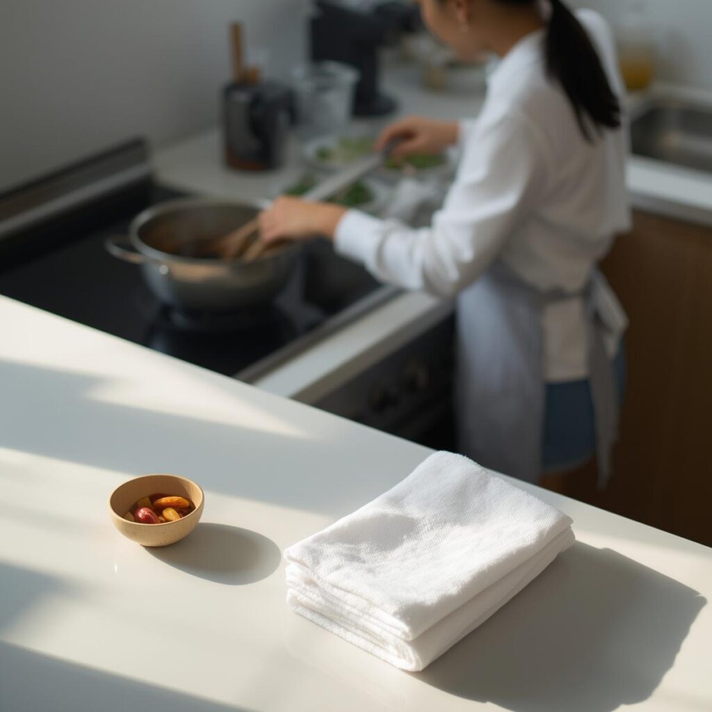 A clean and organized kitchen counter during the cooking process, representing the "clean as you go" mindset for good chef hygiene.