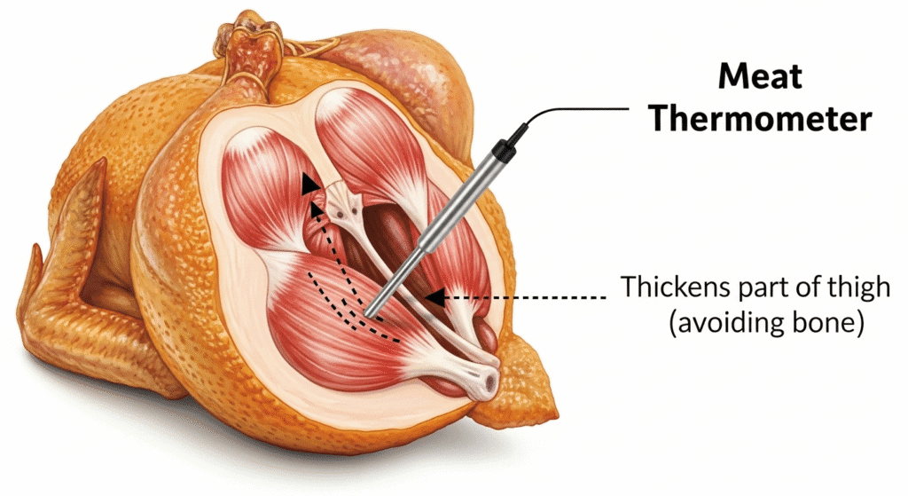 A clear photo showing how to use a meat thermometer correctly by inserting it into the thickest part of a chicken thigh, avoiding the bone.