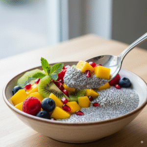 A close-up of a bowl of creamy chia seed pudding topped with a colorful assortment of fresh mango kiwi and pomegranate.