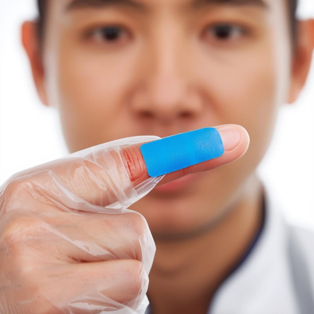 A close-up of a finger with a bright blue bandage being covered by a disposable glove, showing proper chef hygiene for a cut.