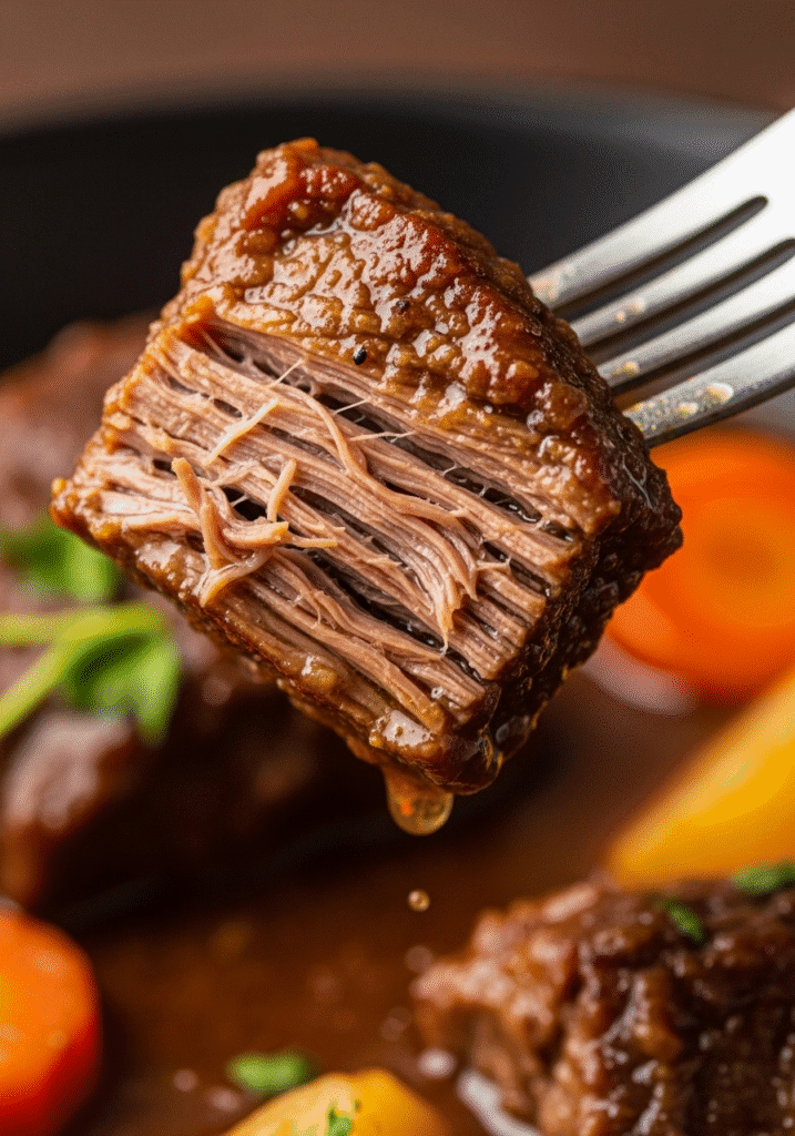 A close-up of a fork easily shredding a piece of perfectly tender and juicy beef stew meat.
