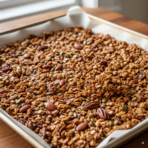 A-close-up-of-a-single-sheet-of-golden-brown-baked-granola-cooling-on-a-baking-sheet-the-secret-to-getting-big-clusters.