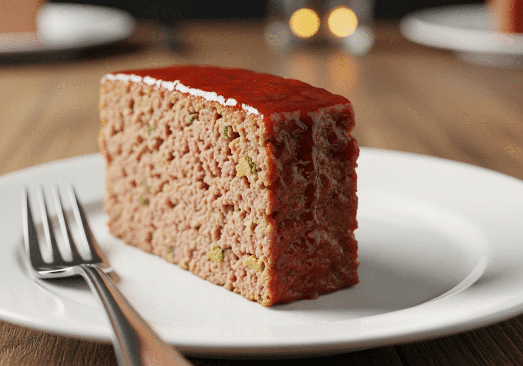 A close-up of a thick, juicy slice of the finished 5-ingredient meatloaf on a white plate.