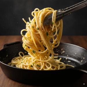 A close-up of cooked spaghetti being tossed with tongs in a skillet, creating a creamy garlic parmesan sauce.png