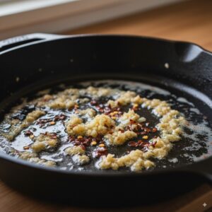 A-close-up-of-minced-garlic-sizzling-in-butter-and-olive-oil-in-a-dark-skillet
