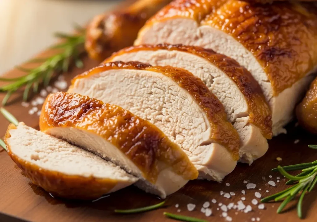 A close-up of thick, juicy slices of roast chicken breast fanned out on a cutting board.