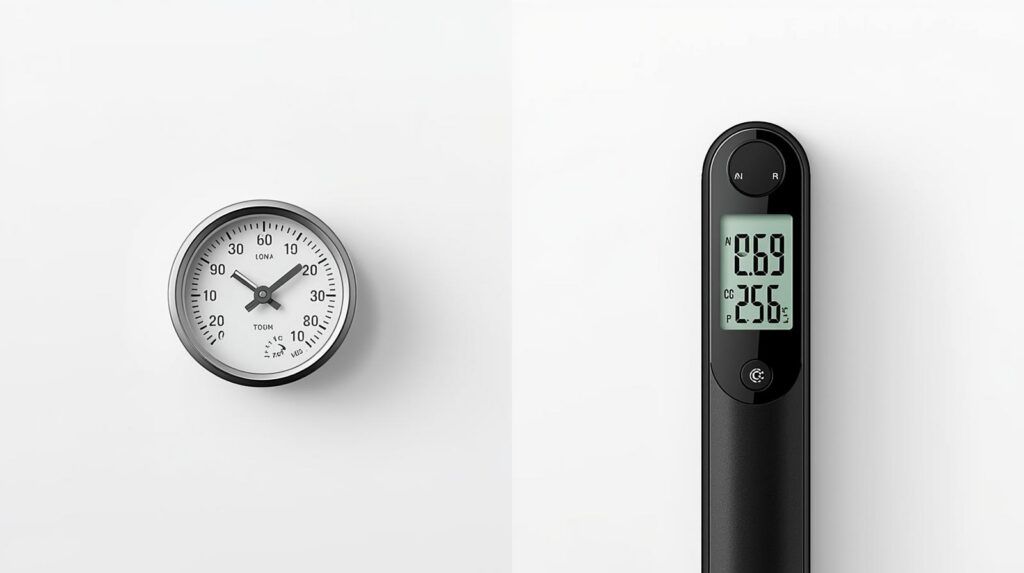 A comparison photo showing a cheap, analog meat thermometer on the left and a premium, digital instant-read thermometer on the right.