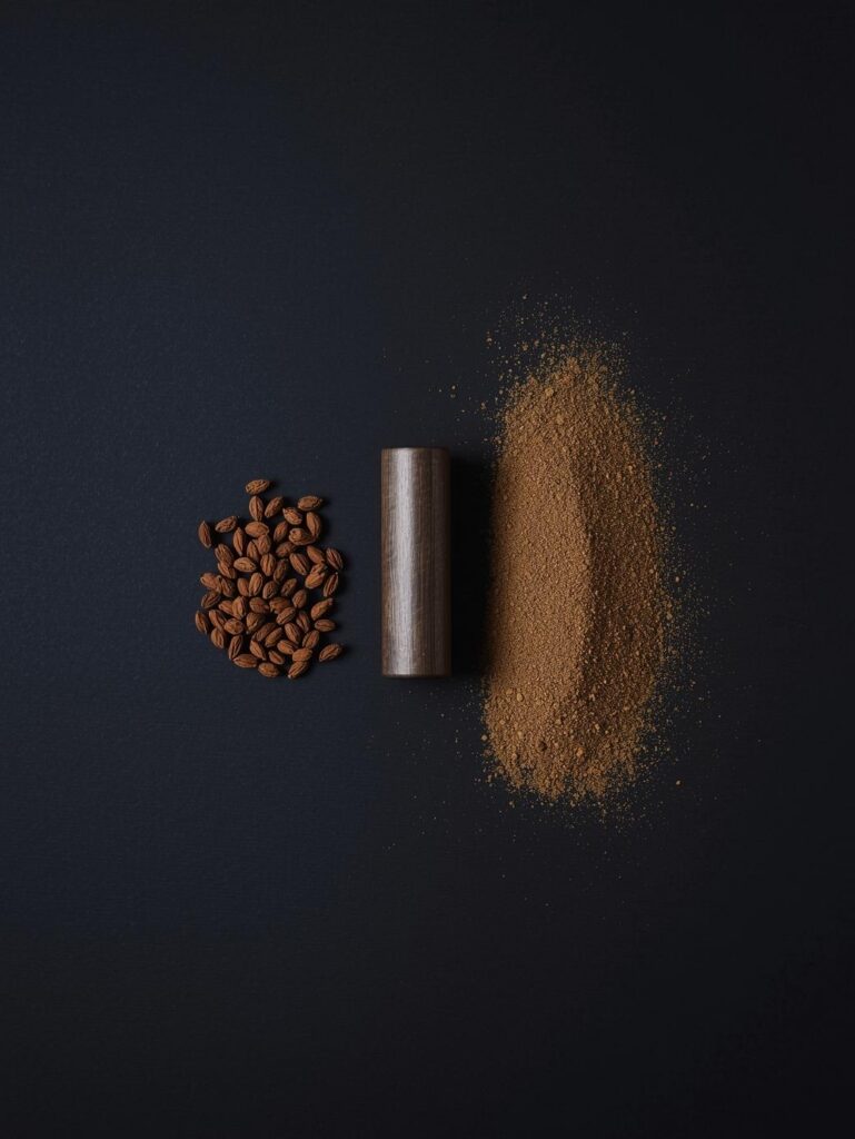 A comparison shot showing whole cumin seeds on the left and ground cumin powder on the right, next to a spice grinder.