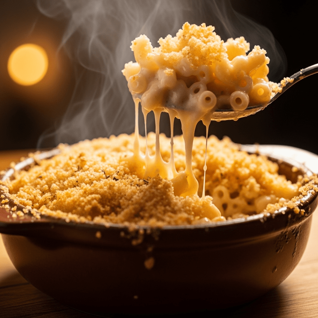 A cozy bowl of creamy, baked vegetarian mac and cheese with a golden-brown breadcrumb topping.
