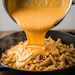 A creamy, orange cheese sauce being poured from a saucepan over cooked elbow macaroni in a pot.