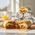 A-delicious-breakfast-burrito-cut-in-half-to-show-the-egg-and-sausage-filling-with-a-stack-of-foil-wrapped-burritos-in-the-background.