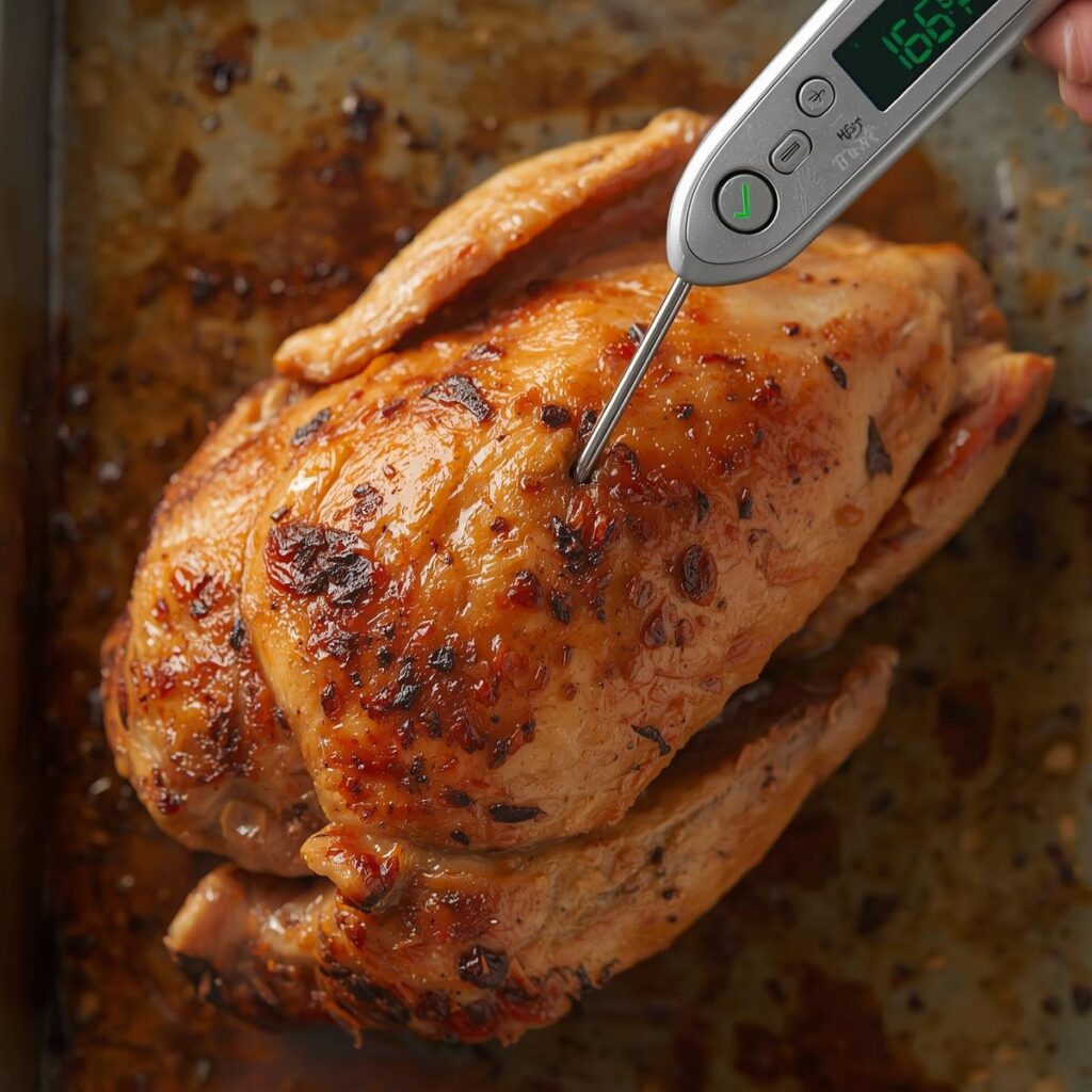 A digital meat thermometer inserted into a baked chicken breast, with the screen clearly showing a safe temperature of 165°F.