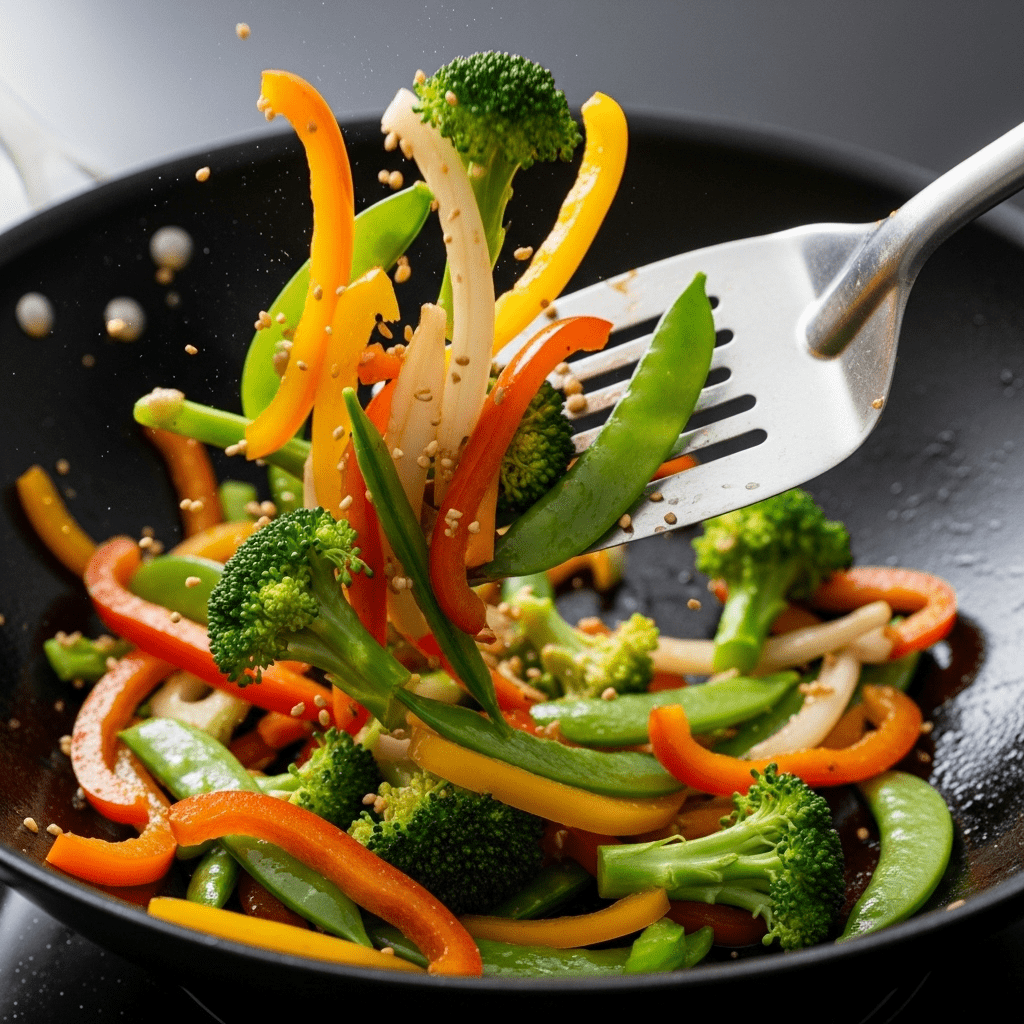 A dynamic action shot of colorful, fresh vegetables being tossed in a wok for a quick vegetarian stir-fry.