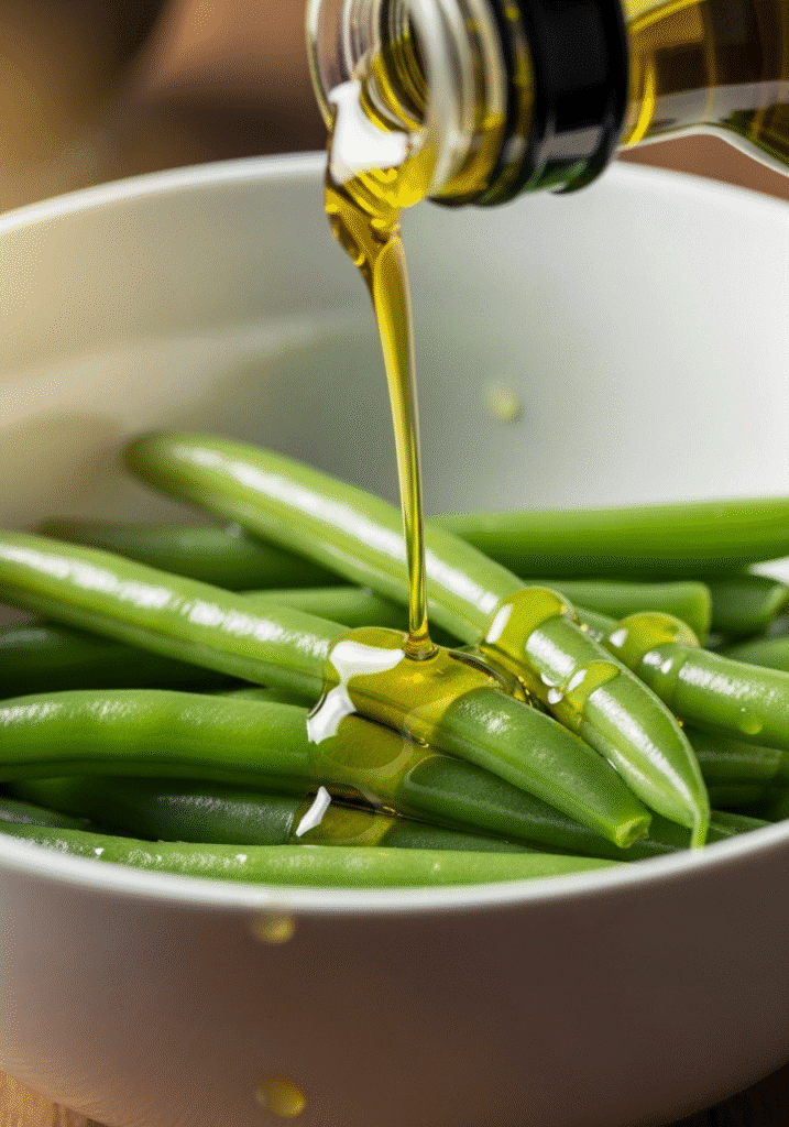 A final drizzle of golden extra-virgin olive oil being poured over a simple bowl of steamed green beans.