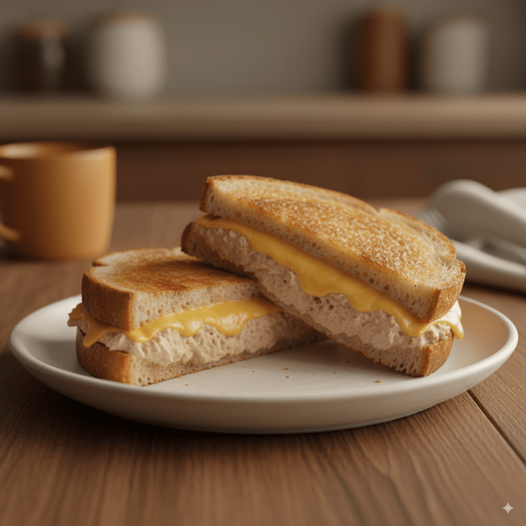 A finished and perfectly grilled tuna melt sandwich sliced in half on a simple plate, showing the melted cheese inside.
