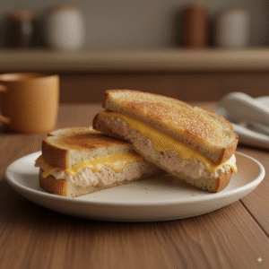 A-finished-and-perfectly-grilled-tuna-melt-sandwich-sliced-in-half-on-a-simple-plate-showing-the-melted-cheese-inside.