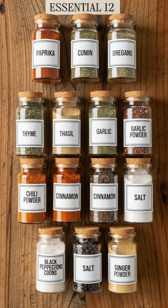 A flat lay of twelve small glass jars, each containing one of the essential spices for a beginner's collection..