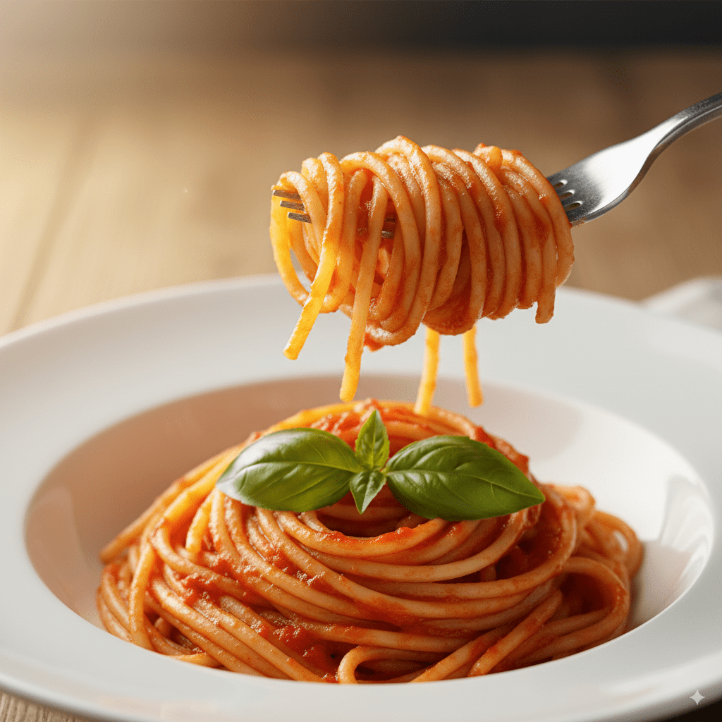 A fork twirling a perfect bite of spaghetti that is completely coated in a thick, rich tomato sauce.