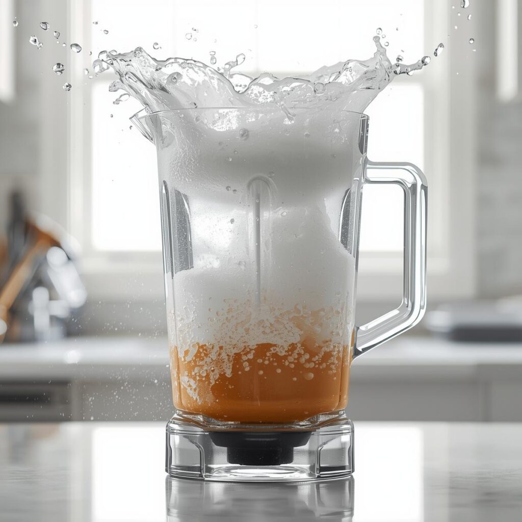 A glass blender cleaning itself by blending warm, soapy water into a vortex, a simple kitchen hygiene tip.