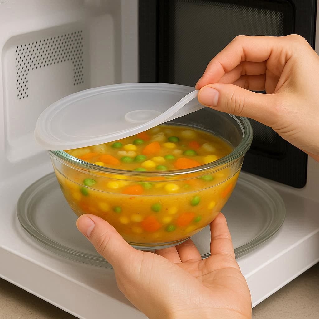 A glass bowl of soup covered with a vented silicone lid being placed in the microwave, showing that they are microwave safe.
