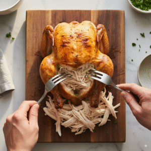 A golden-brown rotisserie chicken on a cutting board, with hands shredding the meat with two forks.