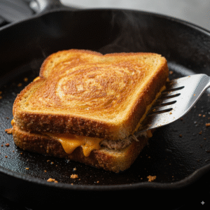 A golden-brown tuna melt sandwich being flipped with a spatula in a hot cast-iron skillet.