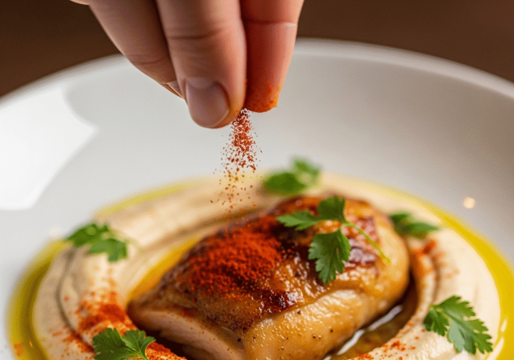A hand adding a final sprinkle of high-quality smoked paprika to a finished dish, showing the impact of a quality spice.