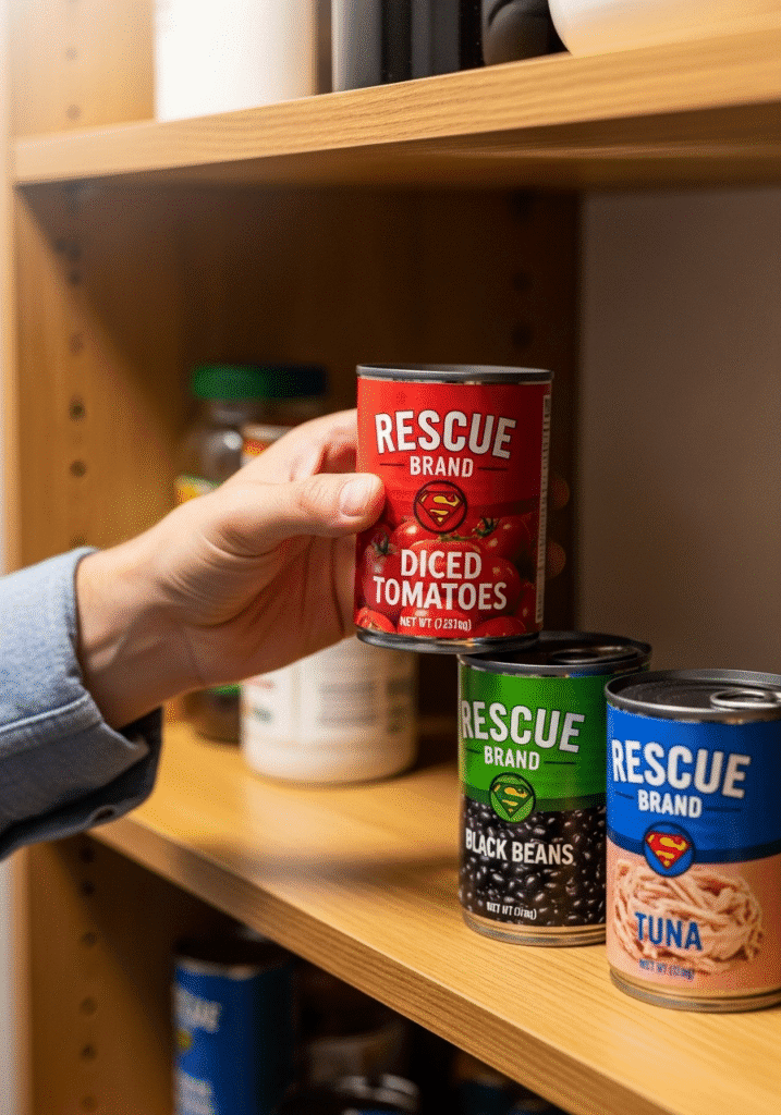A hand reaching into a pantry to grab a can of diced tomatoes, with other canned goods like beans and tuna on the shelf.