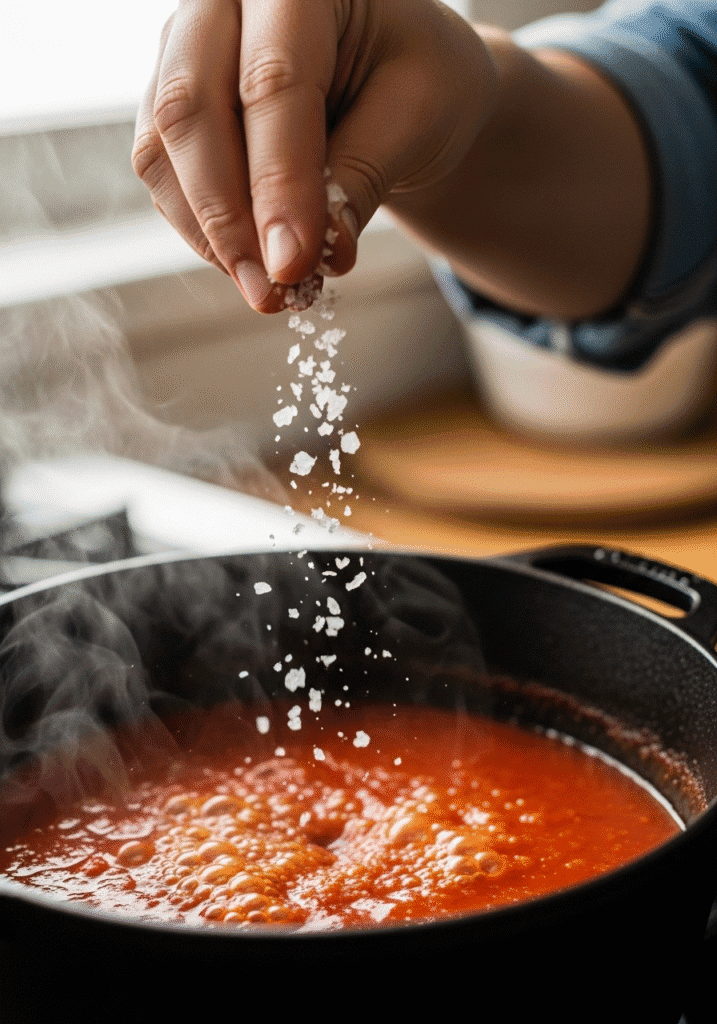 A hand sprinkling a pinch of flaky sea salt into a pot of simmering bland, boring tomato sauce to enhance its flavor.