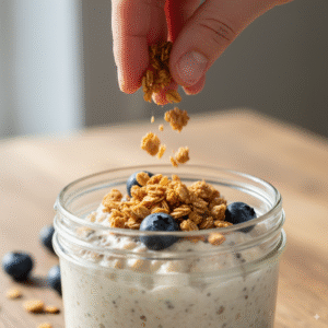 A-hand-sprinkling-fresh-blueberries-and-granola-on-top-of-a-finished-jar-of-creamy-overnight-oats.