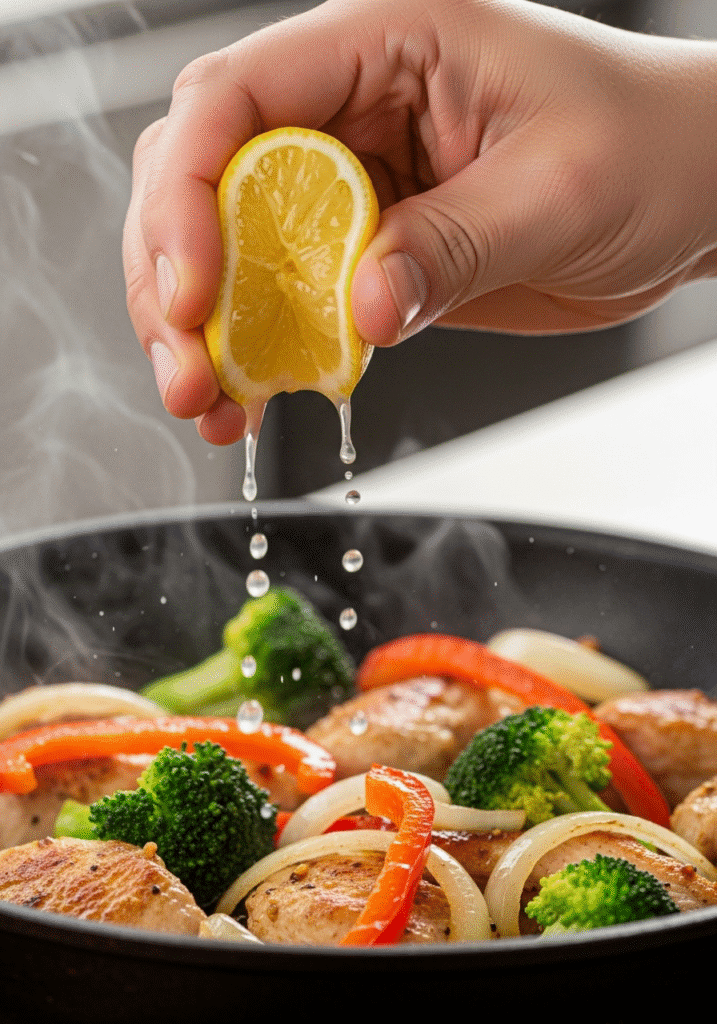 A hand squeezing a fresh lemon wedge over a pan of cooked chicken and vegetables to brighten the flavor.