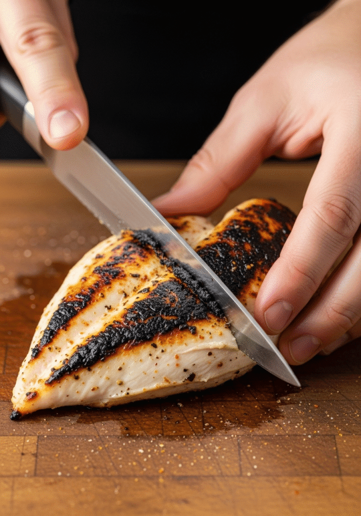 A hand using a knife to carefully scrape the burnt part off of a cooked chicken breast on a cutting board.