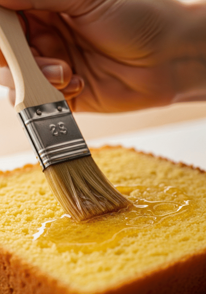 A hand using a pastry brush to apply simple syrup to a dry cake layer to add moisture and fix it.