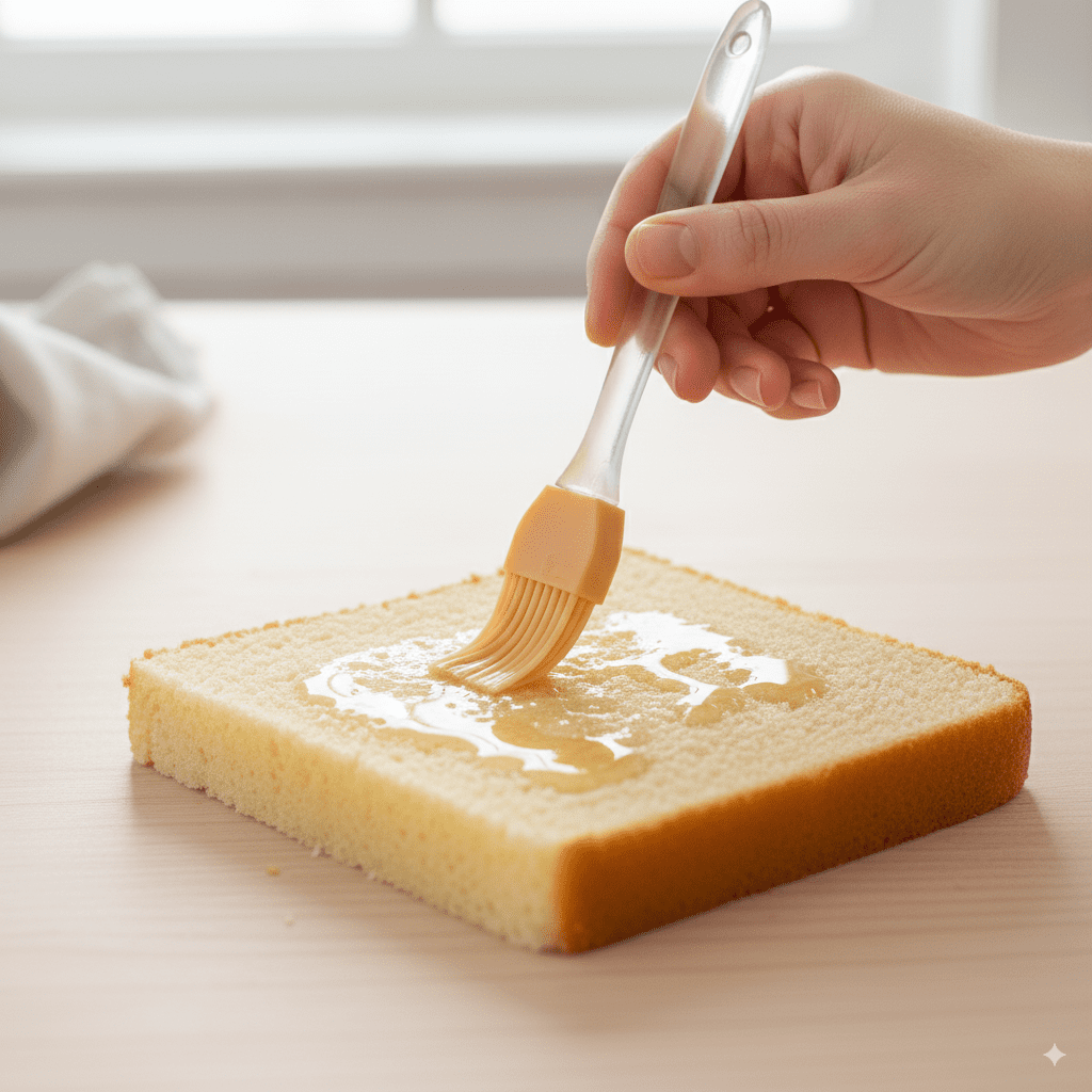 A hand using a pastry brush to gently apply a simple syrup to a layer of dry cake to add moisture.