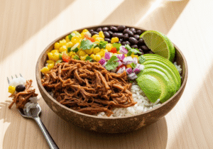 A healthy and delicious barbacoa beef burrito bowl with rice, black beans, corn salsa, and avocado.